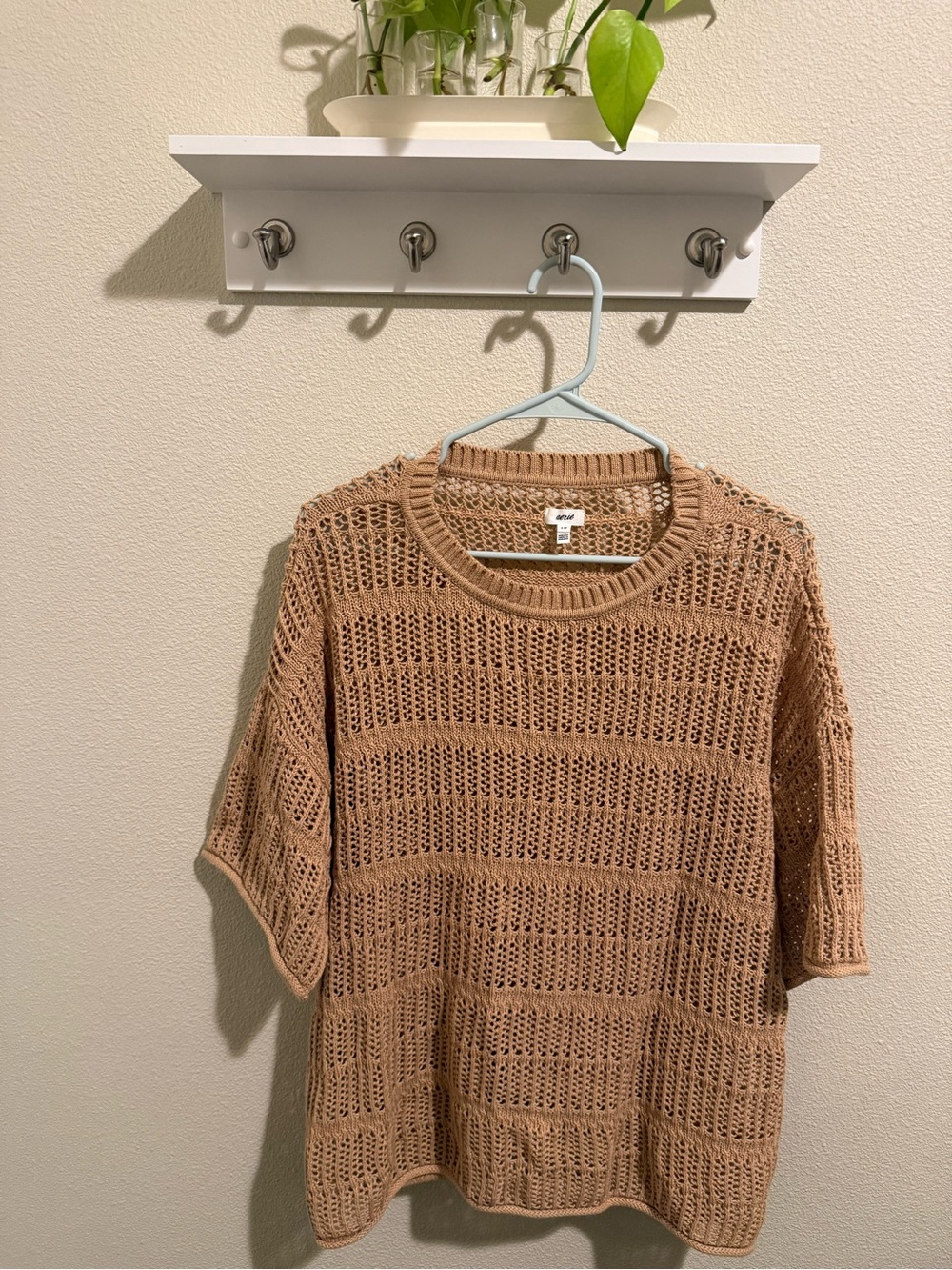 aerie Open-Knit Short Sleeve Sweater in Camel Tan